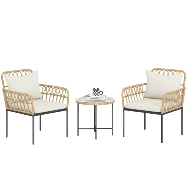 Outsunny 3 Piece Rattan Bistro Set, Balcony Table and Chairs with Cushions, White 863-192V70BG