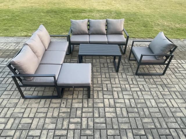 Fimous Aluminium 8 Seater Garden Furniture Outdoor Patio Sofa Set with Rectangular Coffee Table Armchair Big Footstool Dark Grey Dark Grey Unisex