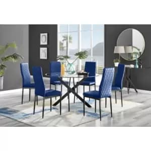 Furniturebox UK - Furniturebox Novara Black Leg 120cm Round Glass Dining Table & 6 Navy Milan Velvet Dining Chairs With Black Legs Diamond Stitch