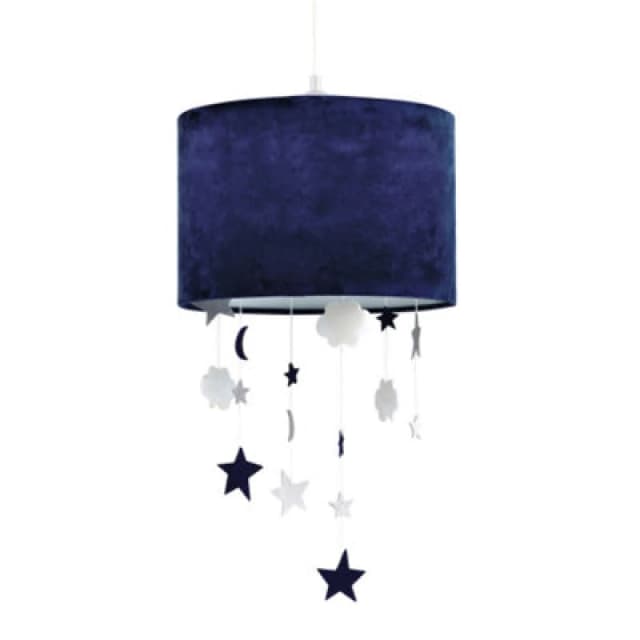 Happy Homewares Soft Midnight Blue Velvet Pendant Lamp Shade With Hanging Felt Stars And Clouds