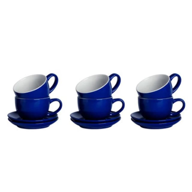 Argon Tableware 12 Piece Coloured Cappuccino Cup & Saucer Set - 250ml - Navy - Durable Stoneware Coffee Tea Cup Dishwasher