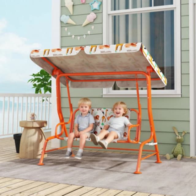 Aiyaplay Kids Porch Swing With Seat Belts, Adjustable Canopy, Orange