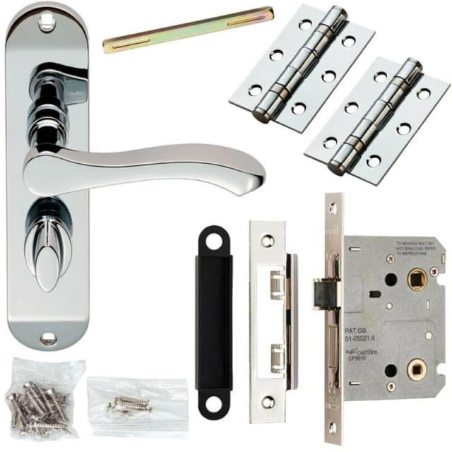 Loops Door Handle & Bathroom Lock Pack Chrome Scroll Thumb Turn Round Slim Backplate Multi