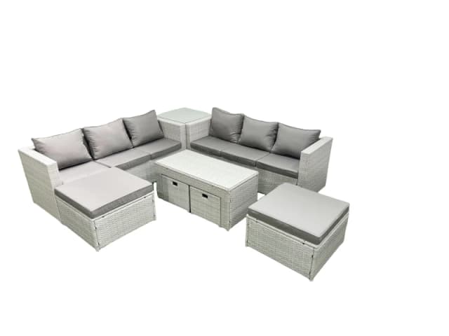 Fimous Outdoor Rattan Garden Furniture Set with Grey Cushions Luxury 10 Seater with Coffee Table and Side Table For Conservatory,Patio Light Grey