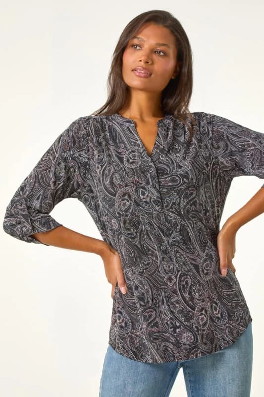 Roman Womens Textured Paisley Print Stretch Blouse in Grey Size: 16 Grey Female 16