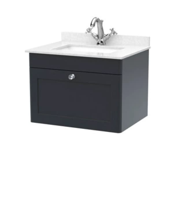 Nuie Classique Wall Hung 1 Drawer Unit & 1 Tap Hole White Marble Top With Square Basin, Sink Vanity Unit In Soft Black With White