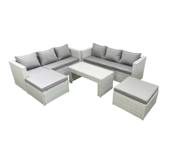 Fimous 8 Seater Garden Outdoor Rattan Furniture Set Rattan Garden Sofa Oblong Coffee Table with 2 Big Footstools Light Grey Mixed Light Grey