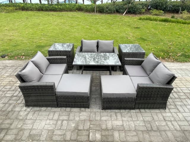 Fimous Outdoor Lounge Sofa Set Wicker PE Rattan Garden Furniture Set with Rectangular Dining Table 2 Seat Sofa Big Footstool in Dark Grey Dark Grey Un