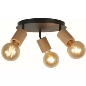 Searchlight Spinny 3 Light Round Spotlight- Wood & Black Metal