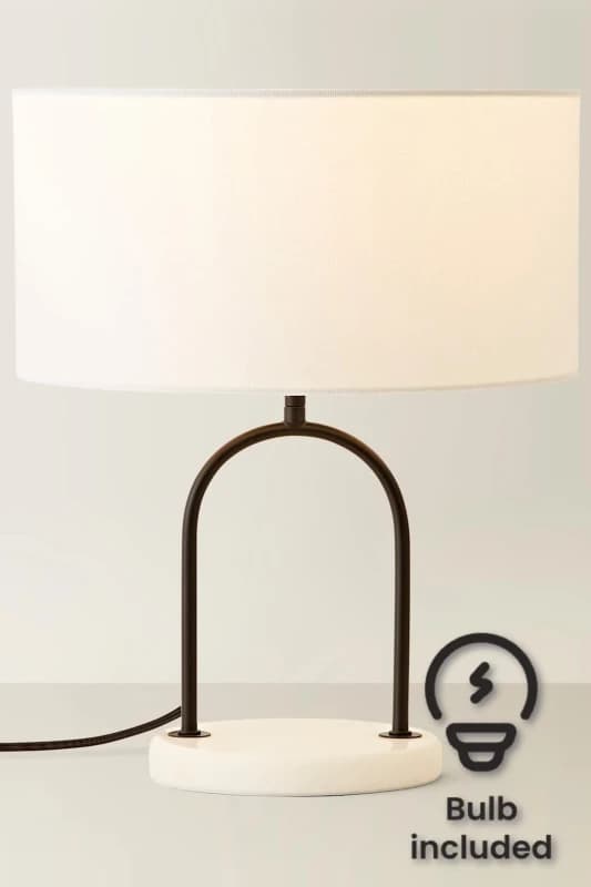 ValueLights ValueLights Rachel Black Arch Marble Base Table Lamp with White Linen Lamp Shade and Bulb White One Size Unisex 5059406066153