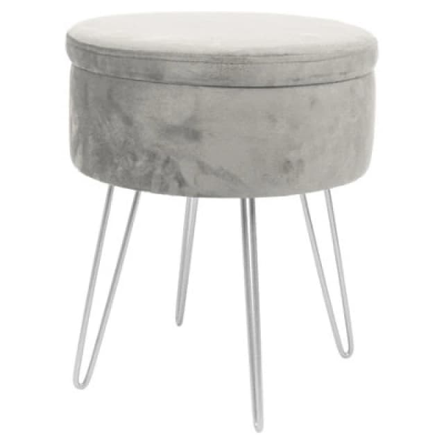 Harbour Housewares Velvet Storage Footstool - Round Modern Dressing Table Footstool Vanity Seat Chair - 45 X 36Cm - Grey/silver