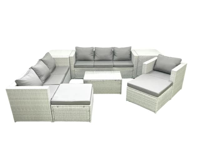 Fimous Wicker PE Rattan Sofa Garden Furniture Set with Armchair Oblong Coffee Table 2 Big Footstools 2 Side Tables Light Grey Mixed Light Grey