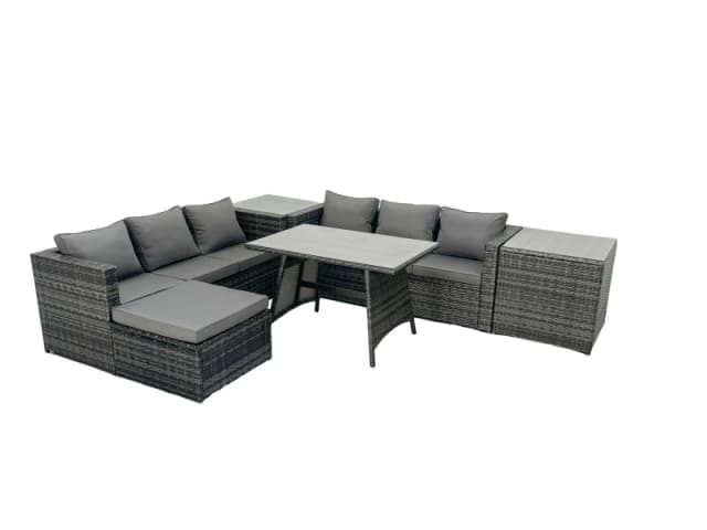 Fimous Rattan Dining Table Sofa Set with 2 Side Tables Big Footstool Outdoor in Dark Grey Dark Grey Unisex