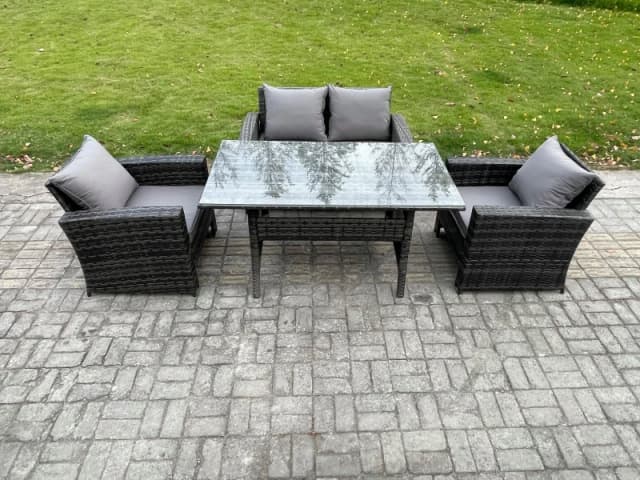 Fimous Wicker Outdoor Garden Furniture Set Patio Furniture Rattan Rectangular Dining Table Lounge Sofa in Dark Grey Dark Grey Unisex
