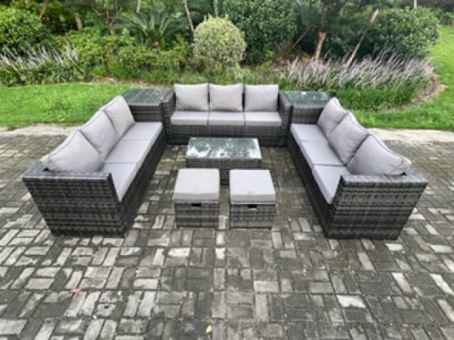 Fimous 11Seater Outdoor Lounge Sofa Set Wicker PE Rattan Garden Furniture Set with Oblong Coffee Table 2 Small Footstools Dark Grey Mixed Dark Grey