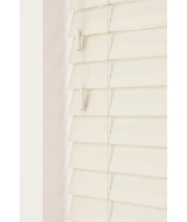 New Edge Blinds Misty White 50mm Fine Grain Slatted Faux Wood Venetian Blinds with Strings 120cm Drop in Off-White Size: 70cm width x 130cm drop O