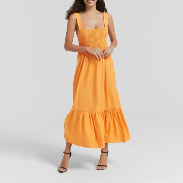 Be You Linen Shirred Dress - Orange Orange 8