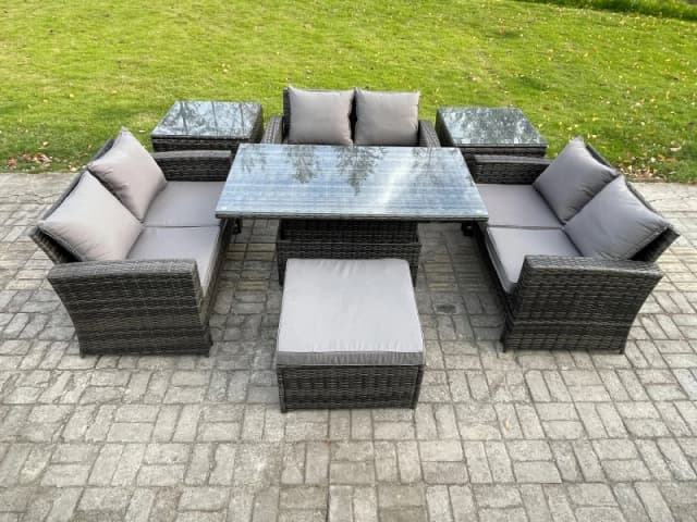 Fimous 7 pieces Outdoor Lounge Sofa Set Wicker PE Rattan Garden Furniture Set with Rising Lifting Table Double Seat Sofa in Dark Grey Dark Grey Unisex
