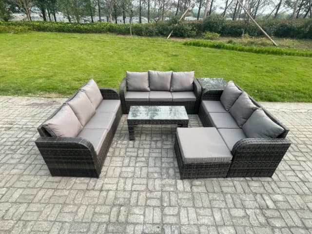 Fimous Outdoor Lounge Sofa Set 10 Seater Rattan Garden Furniture Set with Rectangular Coffee Table Side Table Big Footstool 3 Seater Sofa Dark Grey