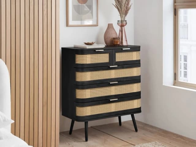 Birlea Noah Rattan and Black 5 Drawer Chest of Drawers