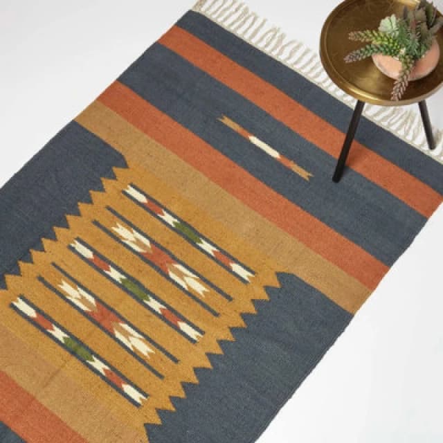 Homescapes Lundi Orange & Blue Kilim Cotton & Jute Rug Orange
