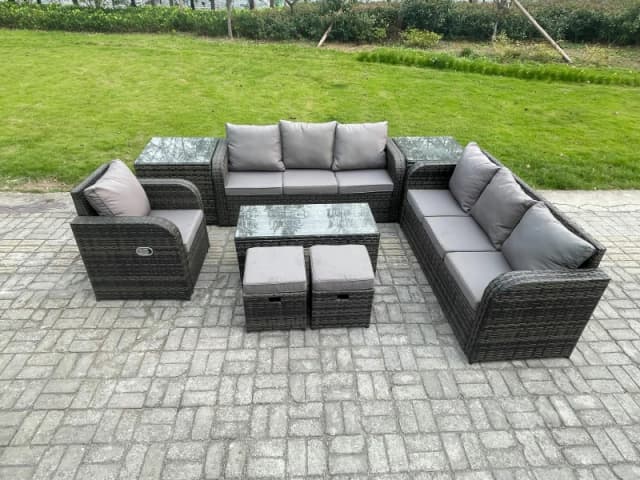 Fimous Outdoor Sofa Set 9 Seater Rattan Garden Furniture Set with Rectangular Coffee Table 2 Small Footstools 3 Seater Sofa 2 Side Tables Dark Grey