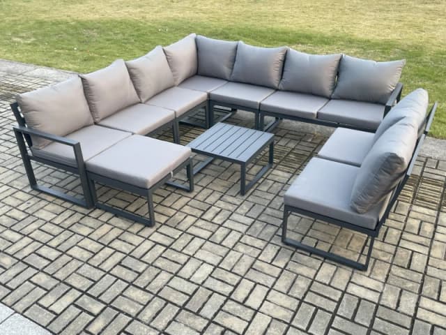 Fimous 10 Seater Patio Outdoor Garden Furniture Aluminium Lounge Corner Sofa Set with Square Coffee Table with Big Footstool Dark Grey Dark Grey Unise