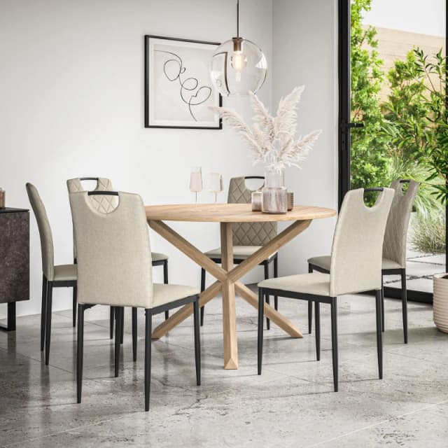More4Homes Malvern Round Dining Table And Chairs - Oak Table Top W Solid Oak Legs + Monza Fabric Dining Chair Set Of 6 (Beige)
