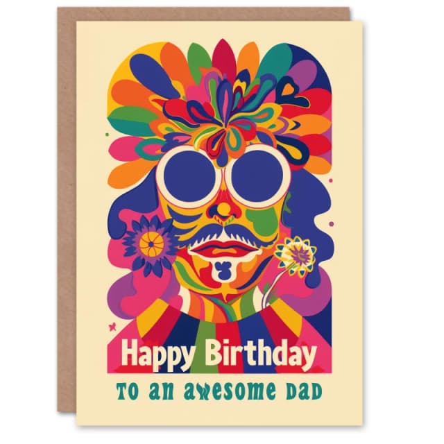 Artery8 Happy Birthday Card to an Awesome Dad Colourful Trippy Hippy Psychedelic Retro Hippie Multi male