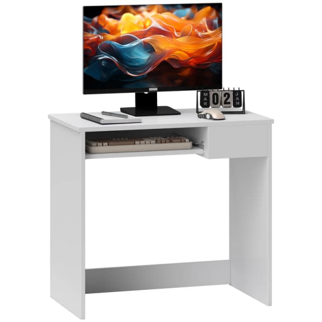 HOMCOM Computer Table w/ Keyboard Tray Drawer, Compact Small Computer PC Desk for Study, Office, Working, Gamingm, Writing Desk, White Aosom UK