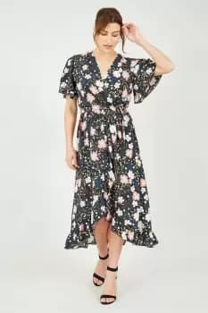 Black Floral Wrap Front Midi Dress