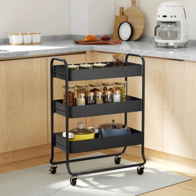 HOMCOM 3-Tier Storage Trolley, Storage Cart with Mesh Backets, Wheels in Black Unisex