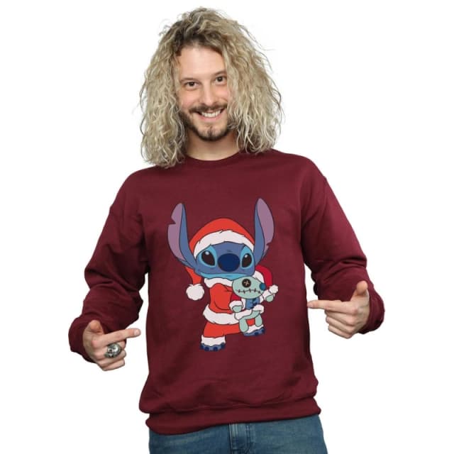 Disney Men Lilo And Stitch Stitch Christmas Sweatshirt in Burgundy Size: Small Burgundy S Male 5059400309621