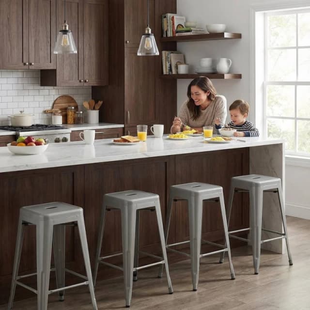 FWStyle Bistro Set Of 4 24" Assembled Silver Gloss Steel Bar Stools Silver Unisex