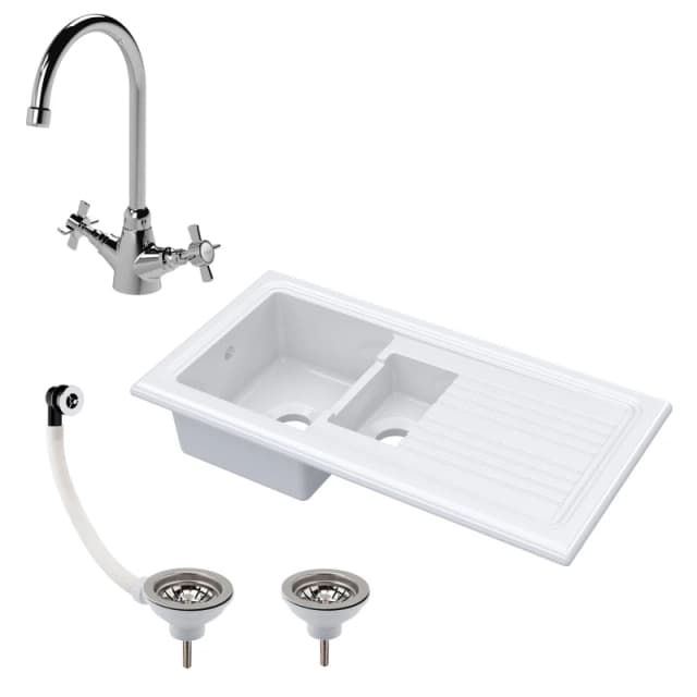 Balterley 1.5 Bowl Inset Fireclay Kitchen Sink, Wastes, Mono Tap 1010 x 525mm White