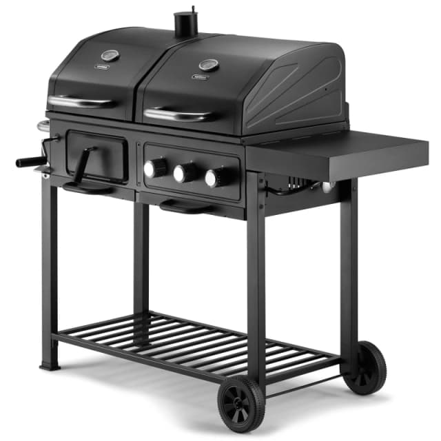 VonHaus Dual Fuel BBQ Charcoal or Gas with Warming Rack and Fold Down Shelf Black