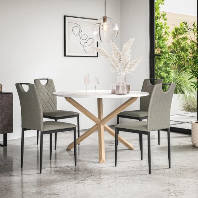 More4Homes Malvern Round Dining Table And Chairs - Marble Table Top W Solid Oak Legs + Monza Fabric Dining Chair Set Of 4 (Grey)