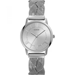 GUESS Ladies silver watch with braided mesh bracelet.