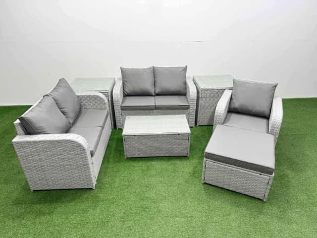 Fimous High Back Poly Rattan Garden Furniture Set with Reclining Chair Loveseat Sofa Rectangular Coffee Table Indoor Outdoor Patio Set Big Stool 2 Si