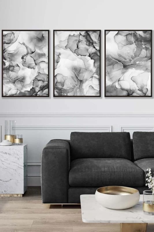 ARTZE Set of 3 Black Framed Abstract Floral Fluid in Grey Wall Art in Mid Grey Size: W45cm x H62cm x D20mm Mid Grey Unisex W45cm x H62cm x D20mm