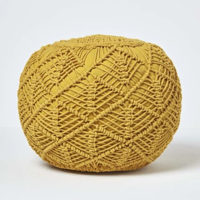 Homescapes Macrame Knitted Pouffe 40 x 50cm Mustard
