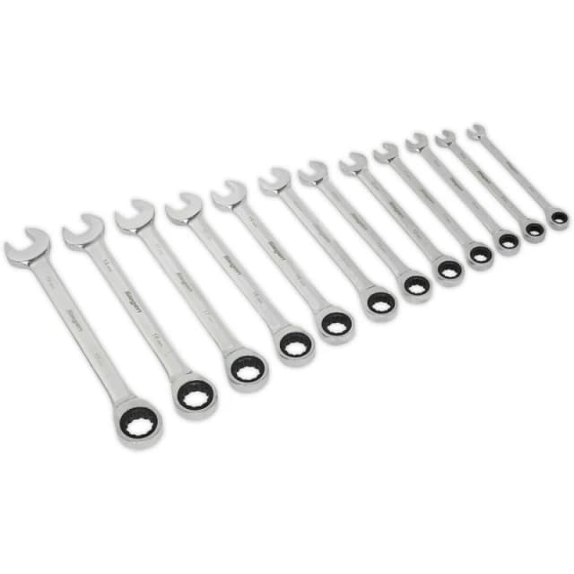 Loops 12pc Slim Handle Ratchet Combination Spanner Set 12 Point Metric Ring Open Head Multi