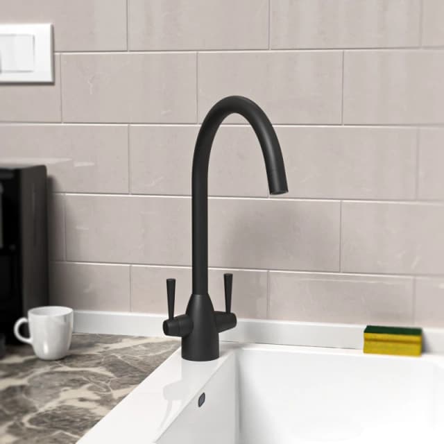 Nes Home Matt Black Modern Kitchen Sink Swivel Mixer Tap Dual Lever Black Unisex