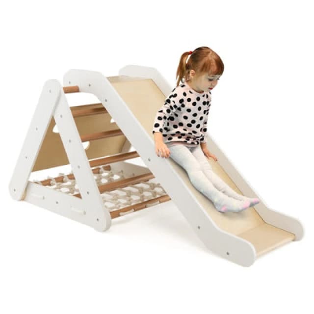 Costway 4-In-1 Triangle Climbing Set Wooden Toddler Climber With Ramp Sliding Board
