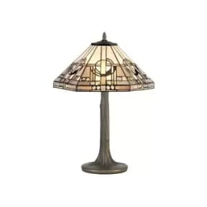 Luminosa Lighting - 2 Light Tree Like Table Lamp E27 With 40cm Tiffany Shade, White, Grey, Black, Clear Crystal, Aged Antique Brass