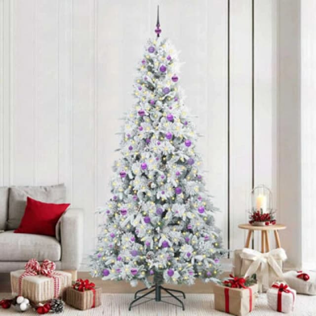 vidaXL Artificial Hinged Christmas Tree with Lilac Balls Snow Flocked Green 240cm PE and PVC, Green 3397516