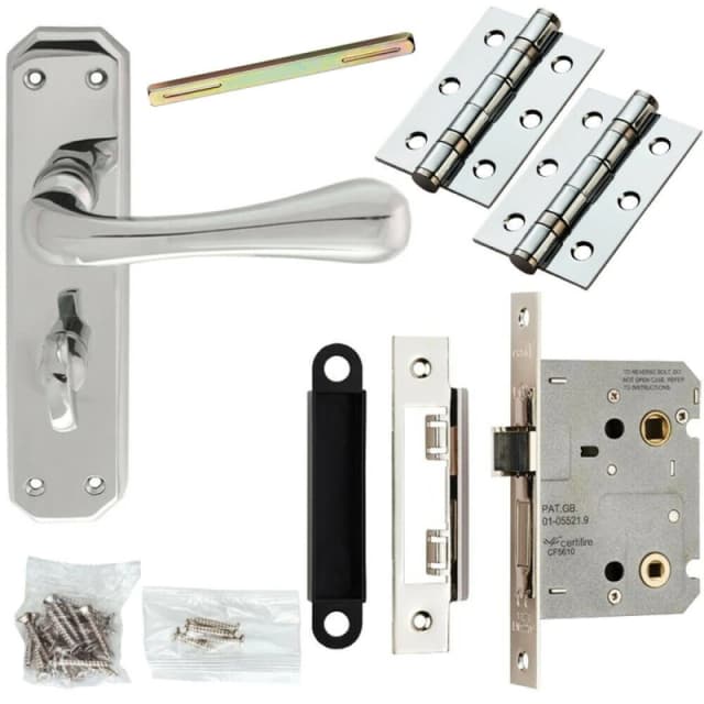 Loops Door Handle & Bathroom Lock Pack Chrome Heavy Duty Prism Thumb Turn Backplate Multi
