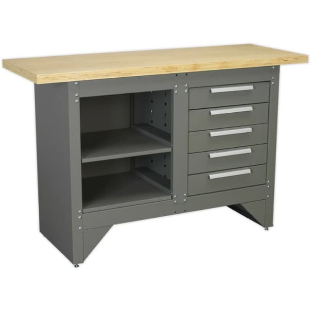 Loops Heavy Duty Steel Workbench - Shelf & 5 Draw Storage - Wooden Work Top Station Metallics