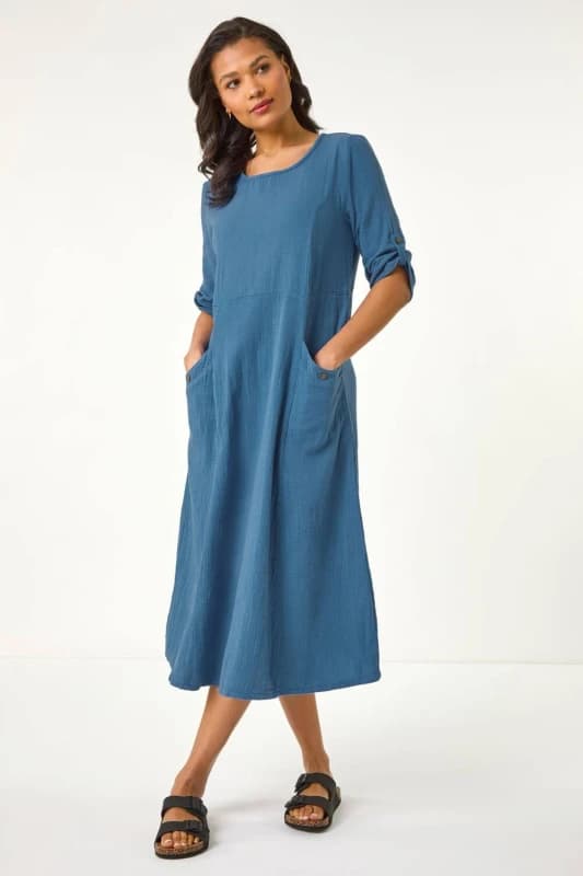 Roman Womens Textured A-Line Midi Dress in Blue Size: 18 Blue Female 18
