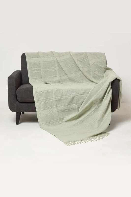 HOMESCAPES Kashi Sage Green Cotton Throw with Tassels 255 x 360cm - Homescapes SF2265C